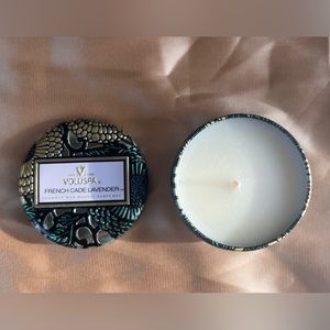 Brand New/Never Used! Mini Voluspa French Cade & Lavender Tin Candle 4 oz